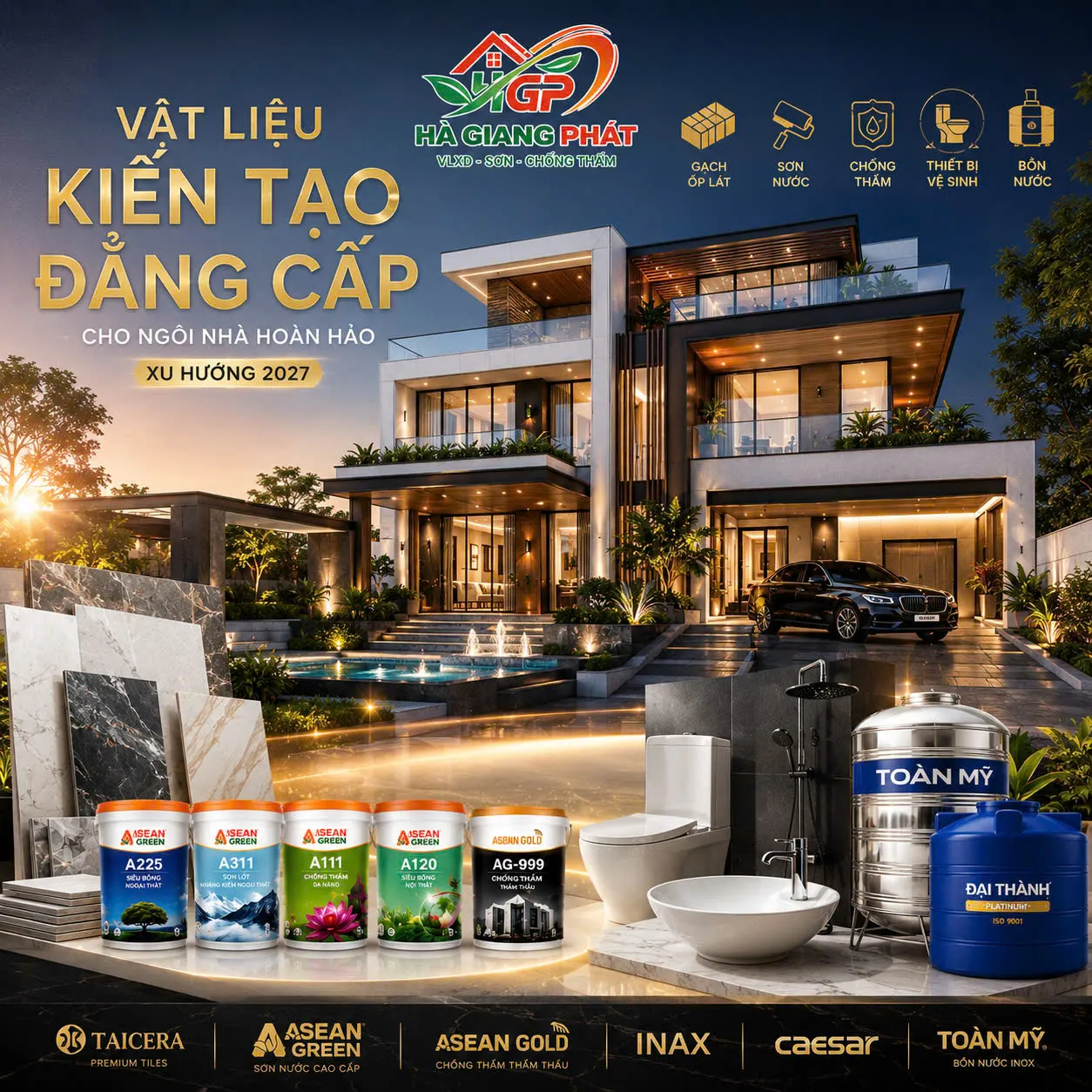 Biệt thự hiện đại sử dụng vật liệu hoàn thiện cao cấp từ Hà Giang Phát gồm sơn ASEAN GREEN, chống thấm AG999, gạch Taicera, thiết bị vệ sinh INAX, Caesar và bồn nước Toàn Mỹ.