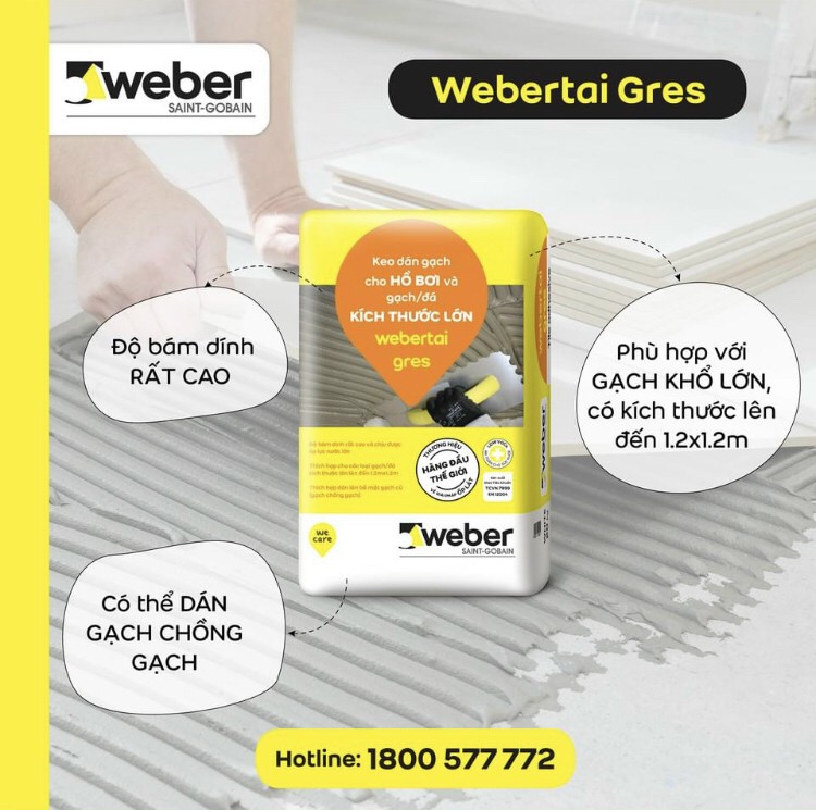 webertai gres Trắng : Keo dán gạch cho HỒ BƠI và gạch/đá KÍCH THƯỚC LỚN