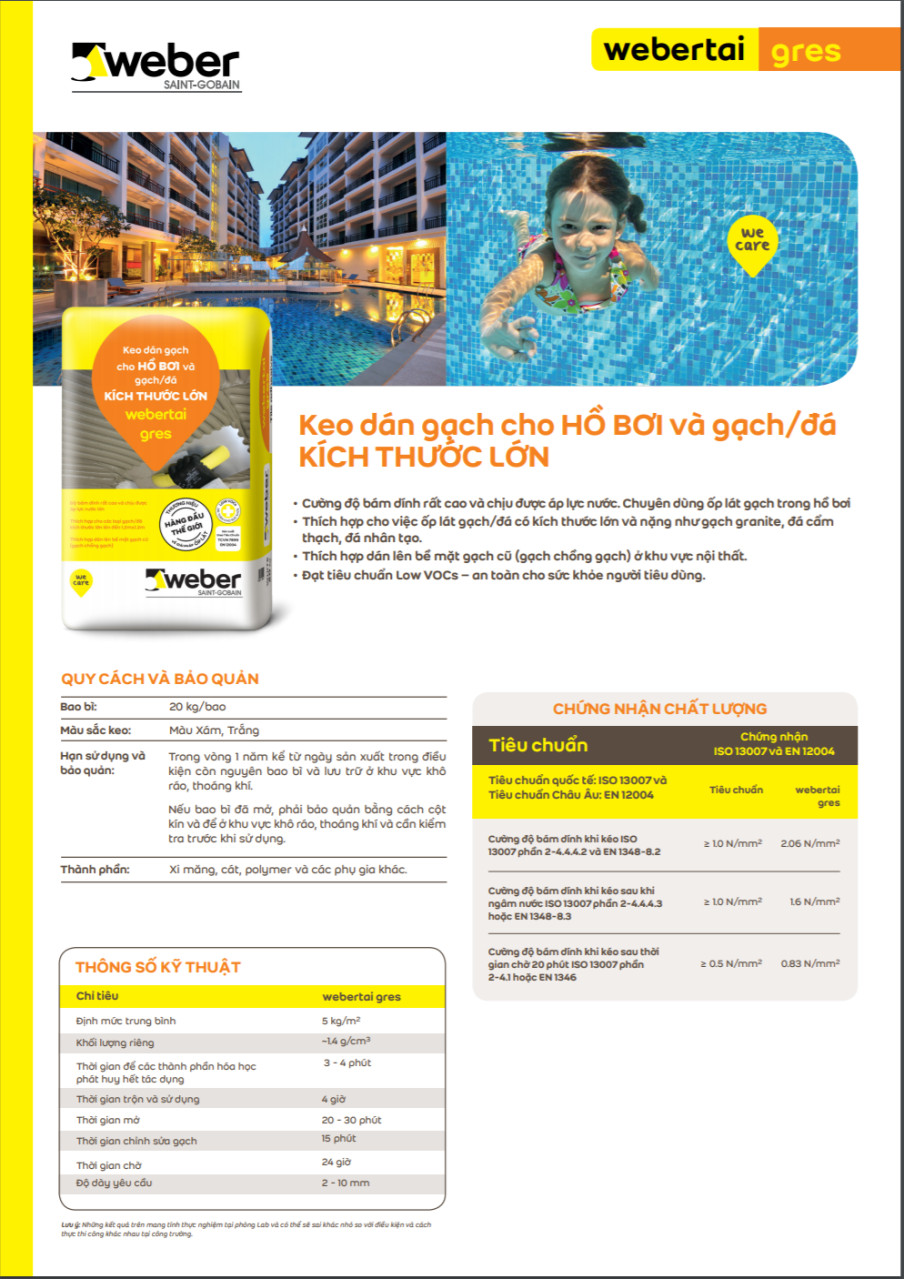 webertai gres Xám: Keo dán gạch cho HỒ BƠI và gạch/đá KÍCH THƯỚC LỚN