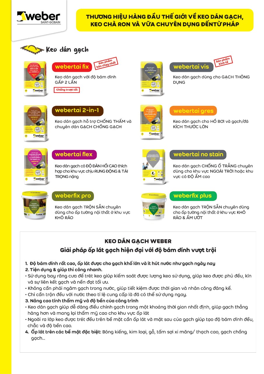 webertai 2 in 1: Keo dán gạch hỗ trợ CHỐNG THẤM và chuyên dán GẠCH CHỒNG GẠCH