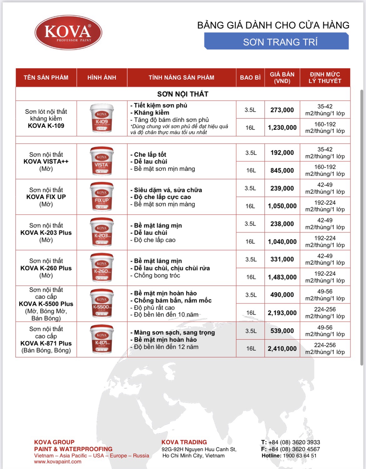 Sơn nội thất KOVA K-203 Plus 16 lit 5 lít 1 lít