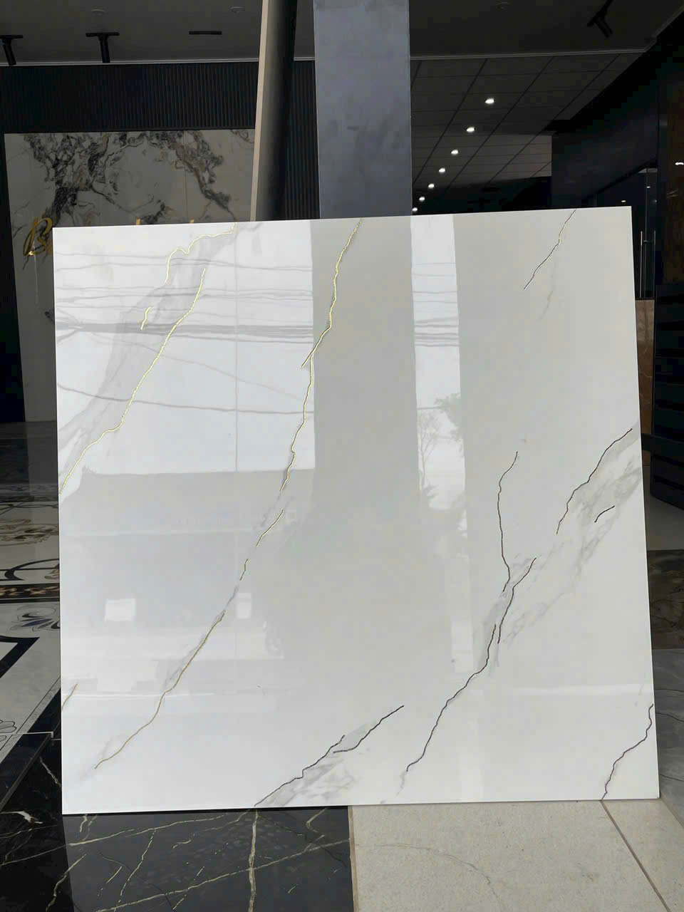 Gạch 1mx1m Khắc Kim Trắng Vân Mây